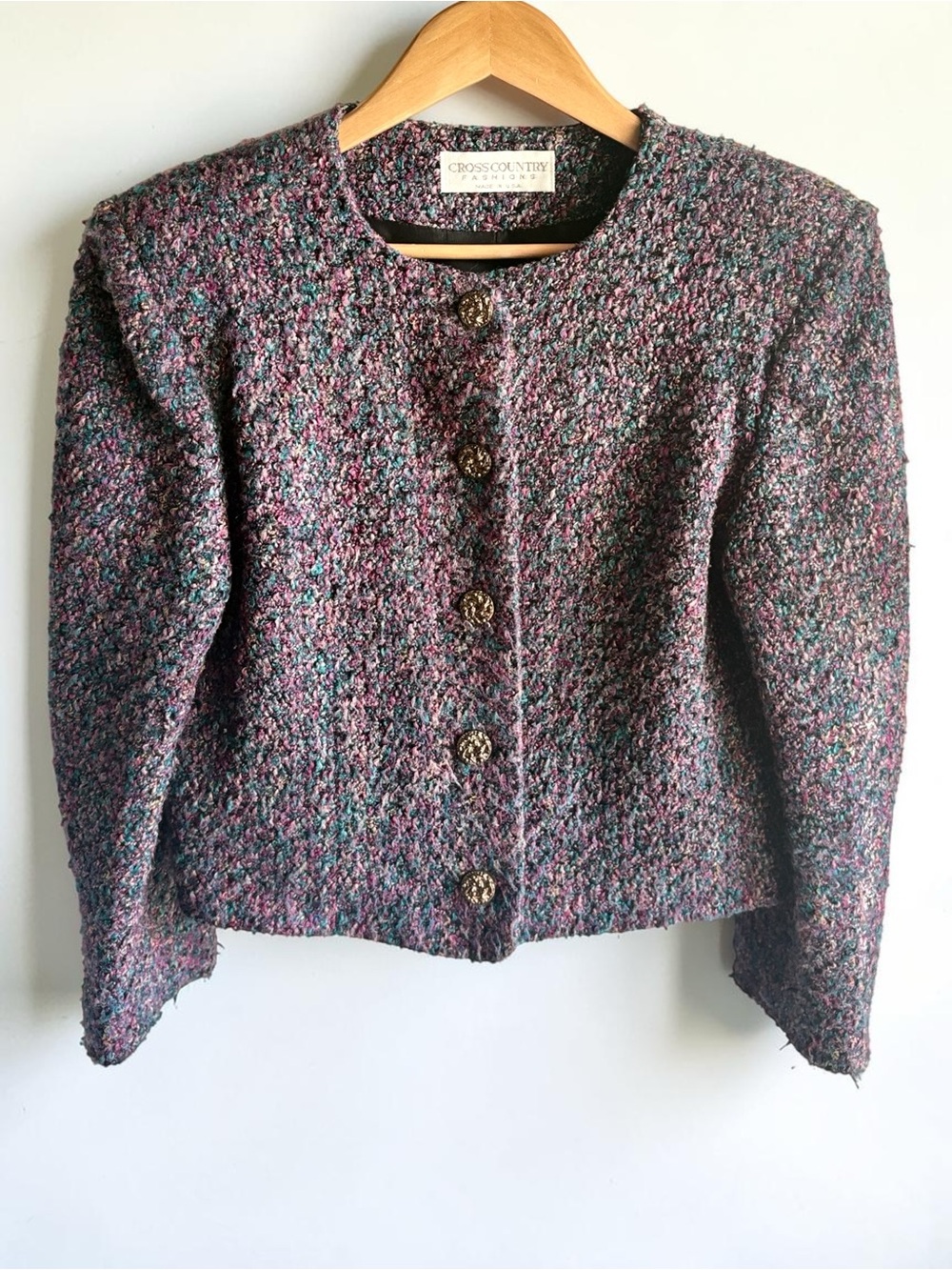 Vintage Cross Country Tweed Blazer Purple Blue Gold Size 12 Made In USA Lined